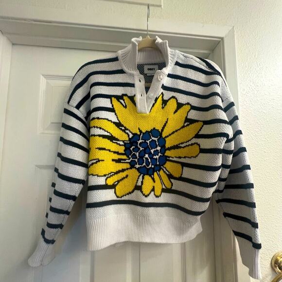 NWOT OBEY FLOWER STRIPE POLO SWEATER (XS) - Picture 3 of 5